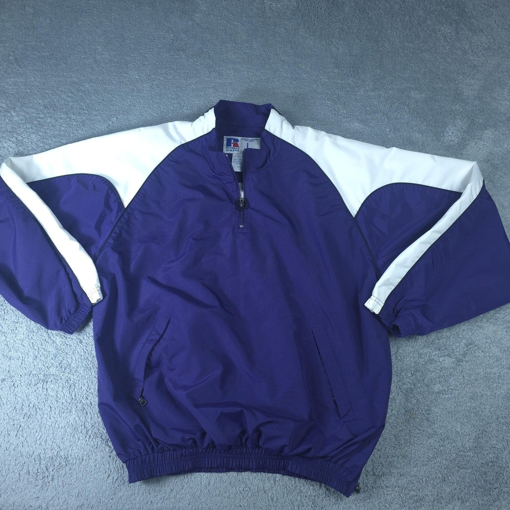 Russell Athletic Jacket Mens Large Purple White 1/4 Zip Waterproof Windbreaker